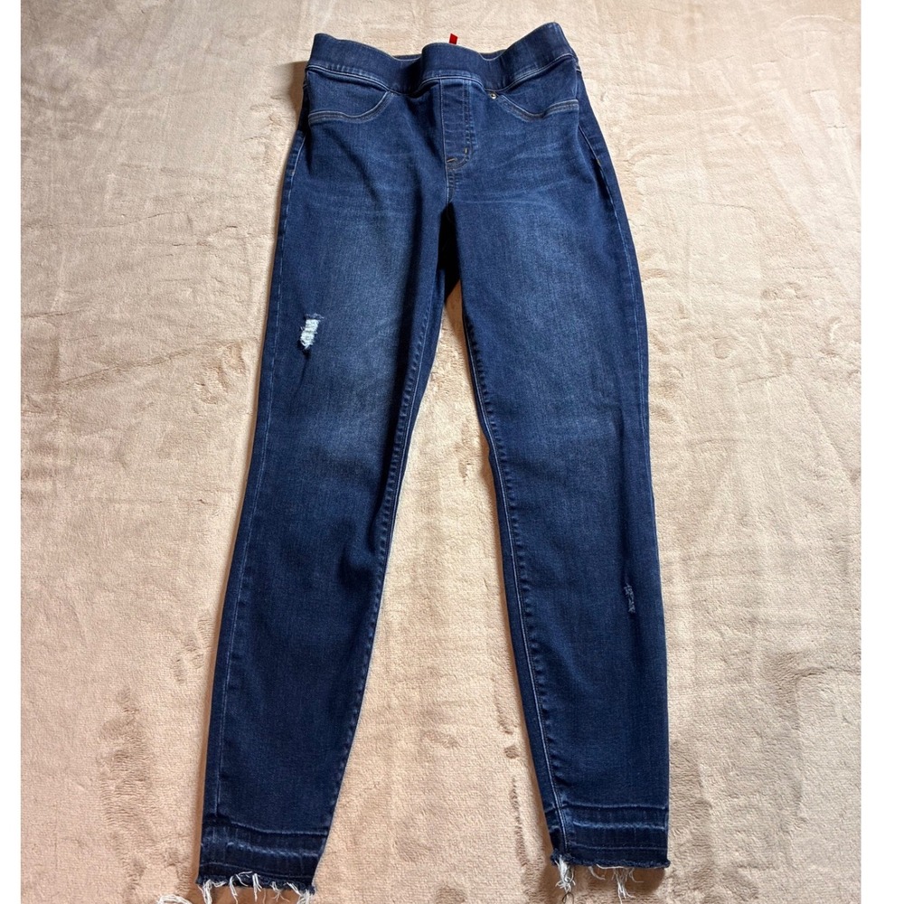 Spanx Distressed Ankle Skinny Jeans Dark Wash Pull On Raw Hem Shaping Leggings M